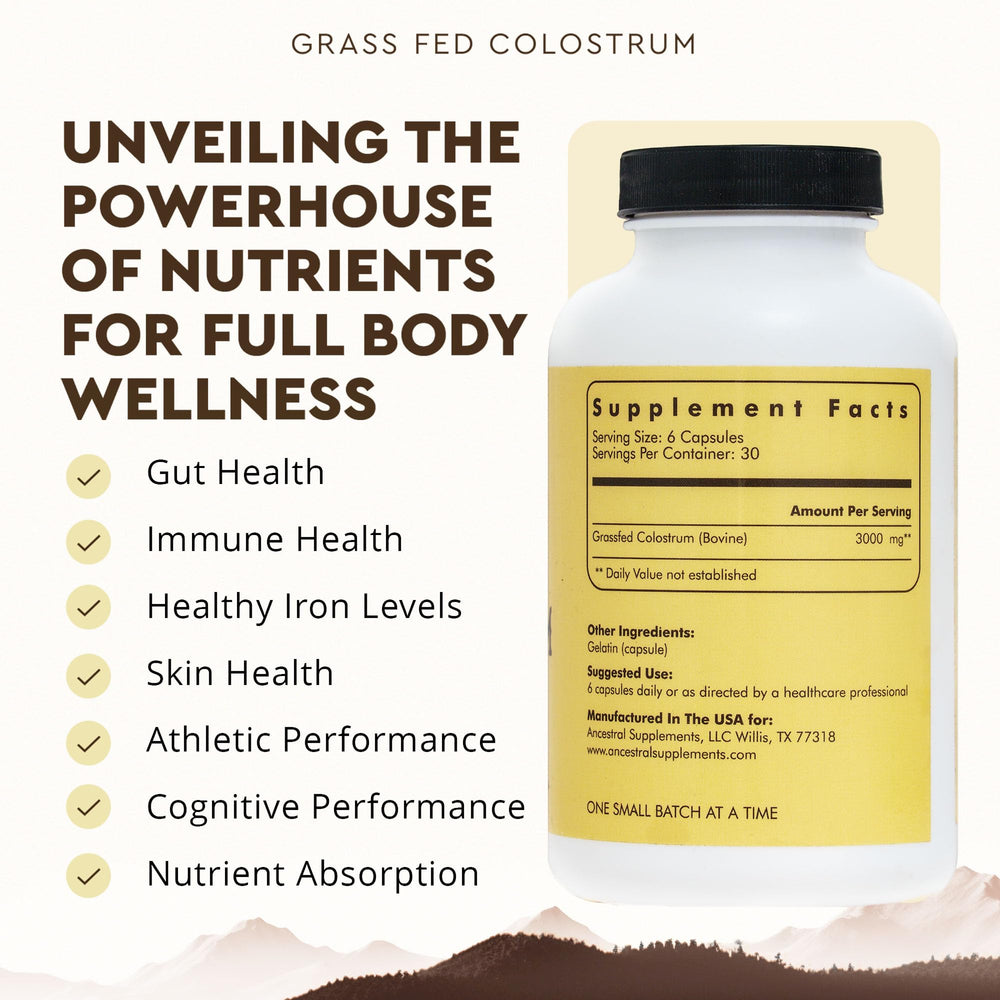 Ancestral Supplements beef colostrum capsules in hand suggest gut health benefits.