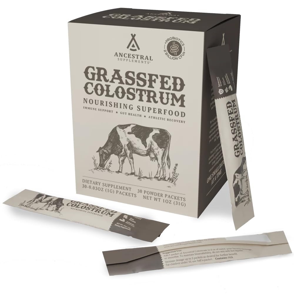 Ancestral Supplements grass-fed colostrum packet on the go for immune support.