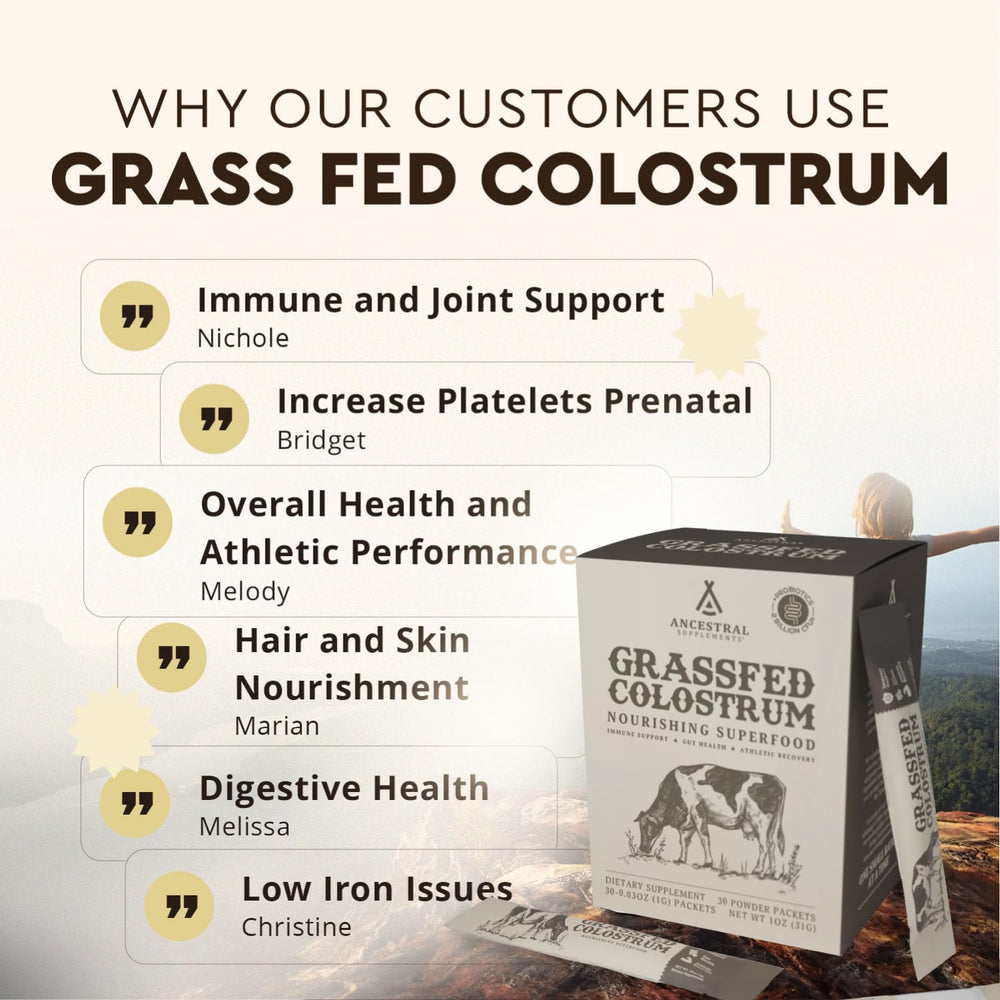 Ancestral Supplements travel-friendly colostrum packet for steady use away from home.
