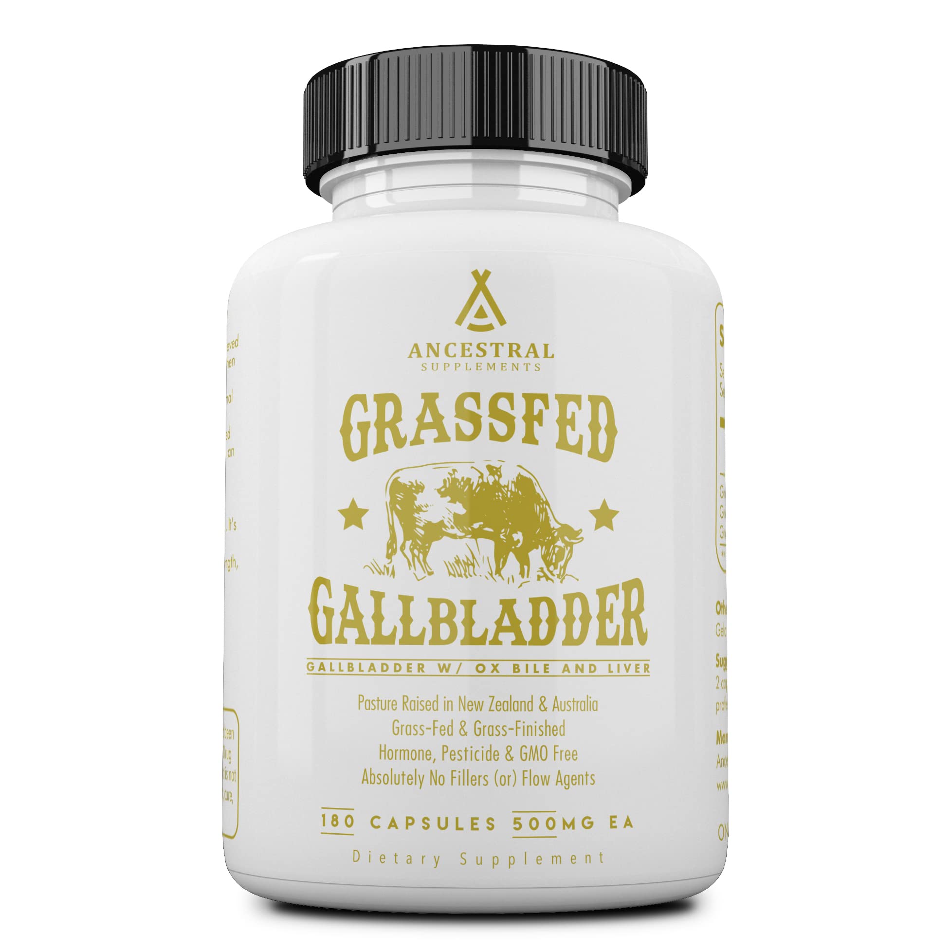 Ancestral Supplements grass-fed beef gallbladder capsules close-up for digestive support.