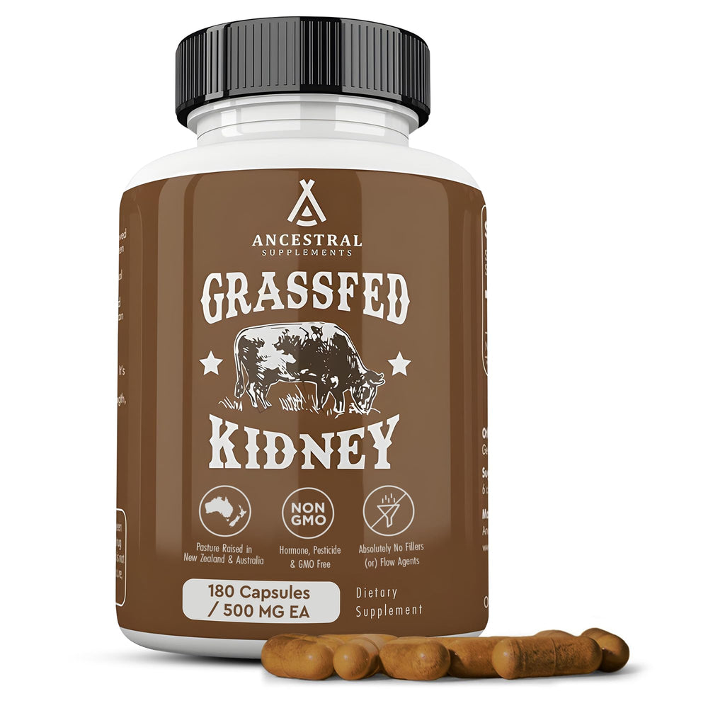 Ancestral Supplements grass-fed beef kidney supplement bottle highlights 3000mg potency for kidney support