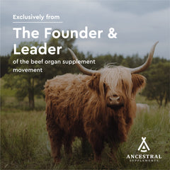 Ancestral Supplements grass-fed, hormone-free sourcing is shown on the label for clean, whole-food nutrition.