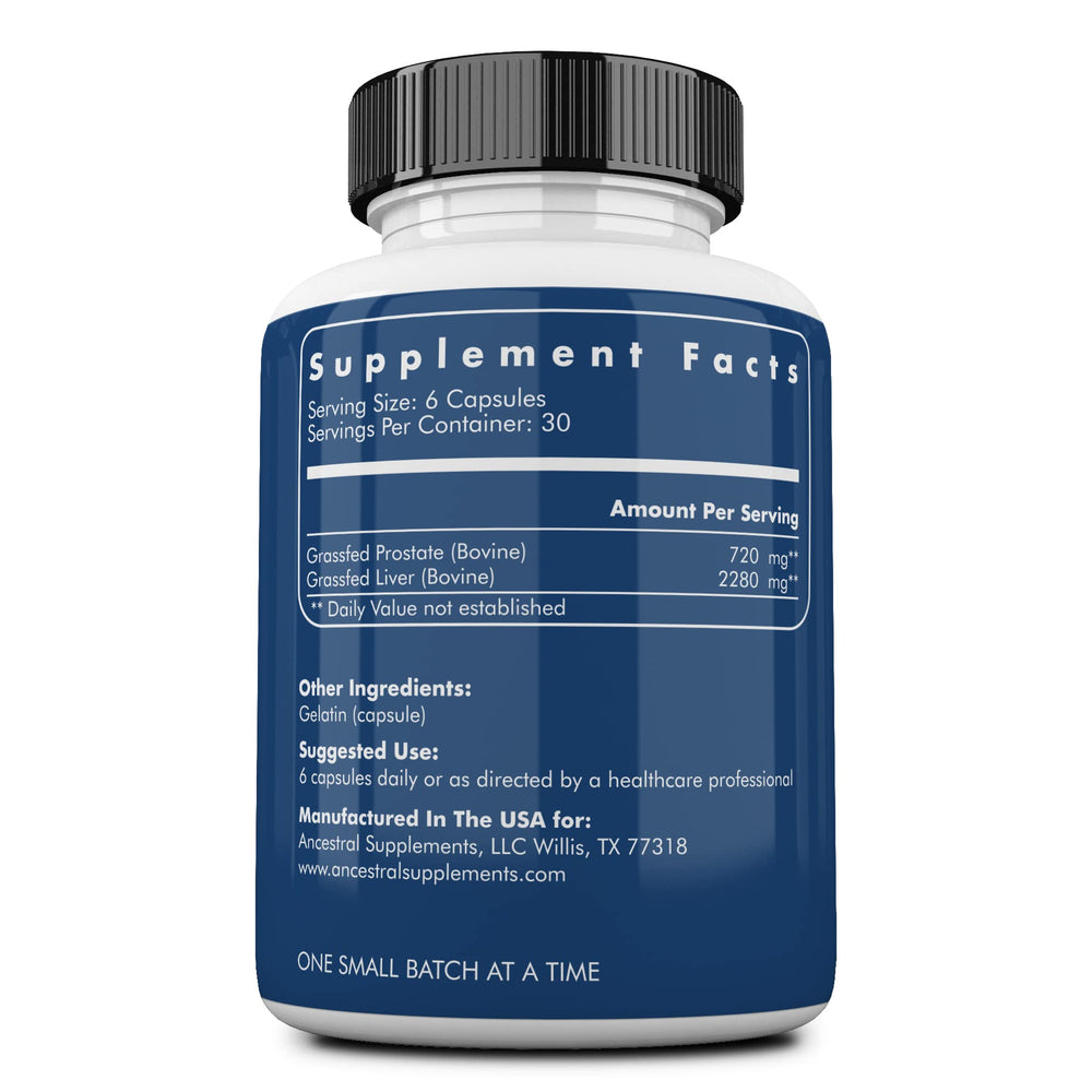 Ancestral Supplements beef liver capsules emphasizing nutrient-rich liver formula.