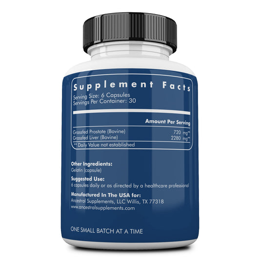 Ancestral Supplements beef liver capsules emphasizing nutrient-rich liver formula.