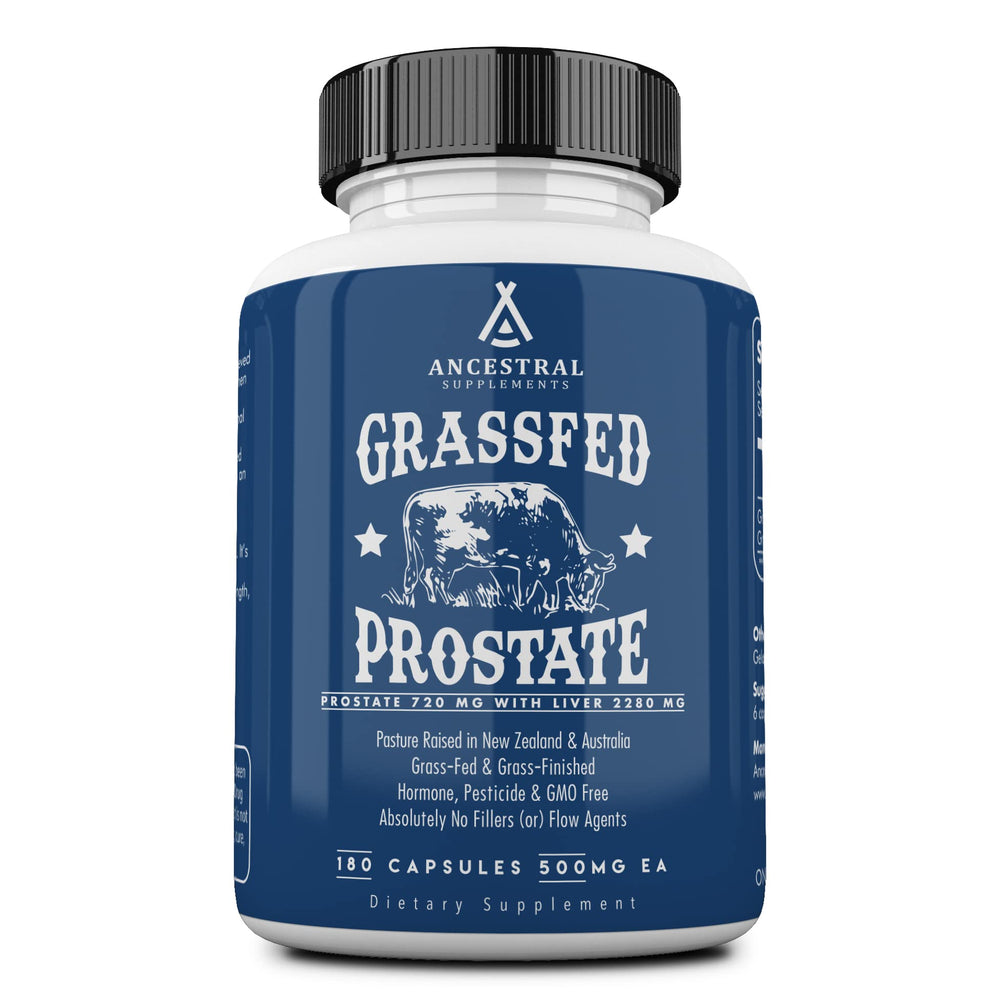 Ancestral Supplements beef prostate bottle highlighting prostate health support.