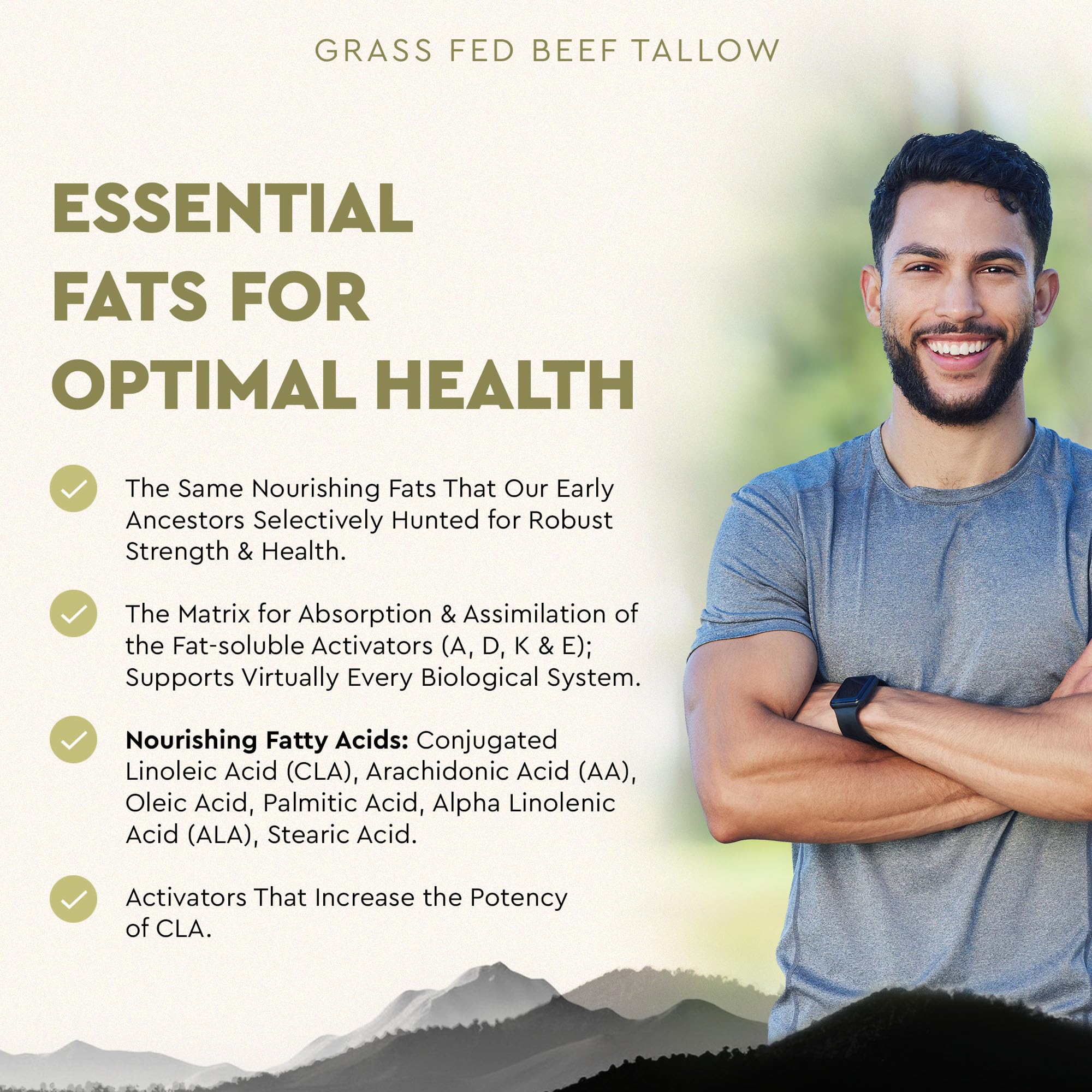 Ancestral Supplements grass-fed beef tallow packaging emphasizing purity and non-GMO