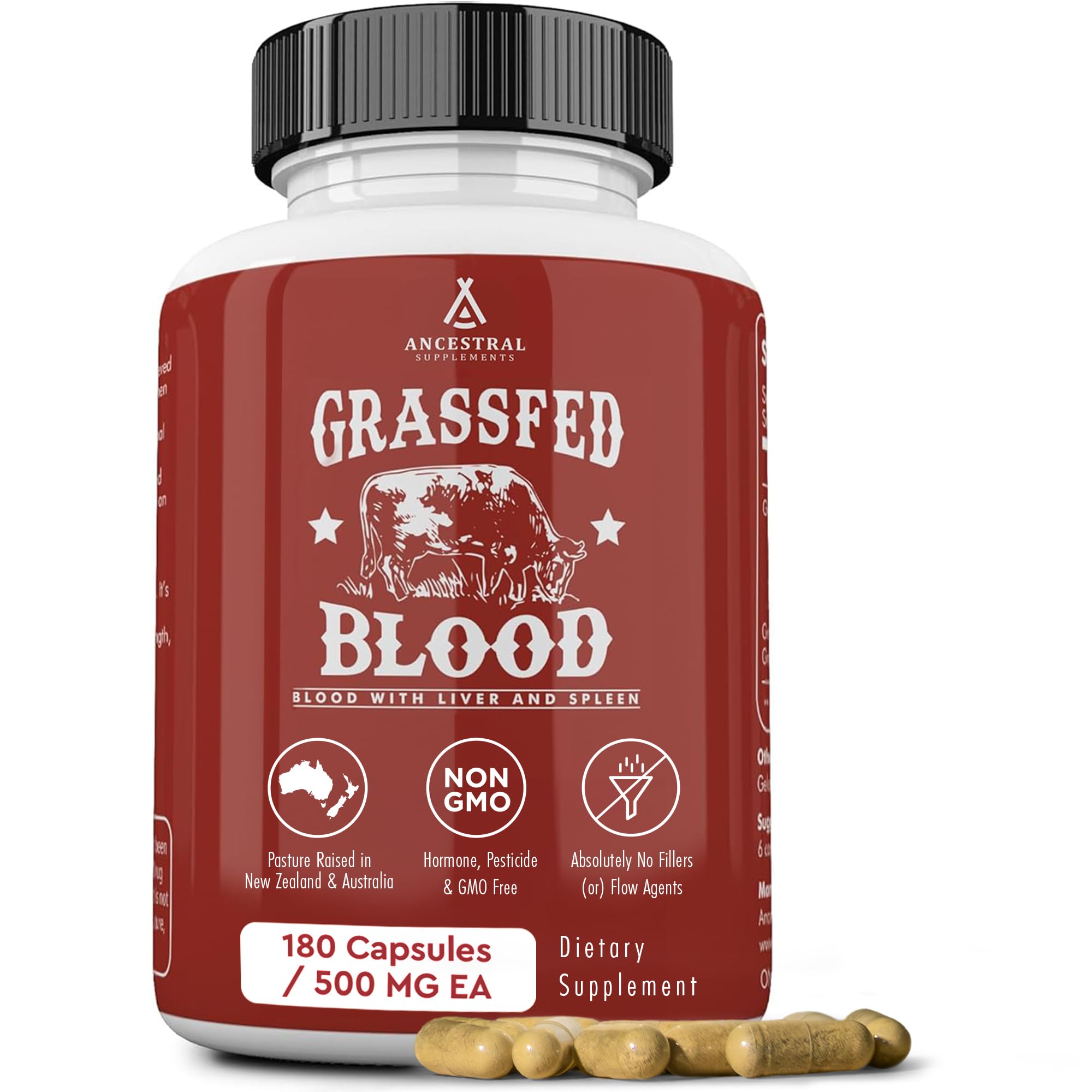 Ancestral Supplements Grass Fed Blood capsules on bottle suggest immune support