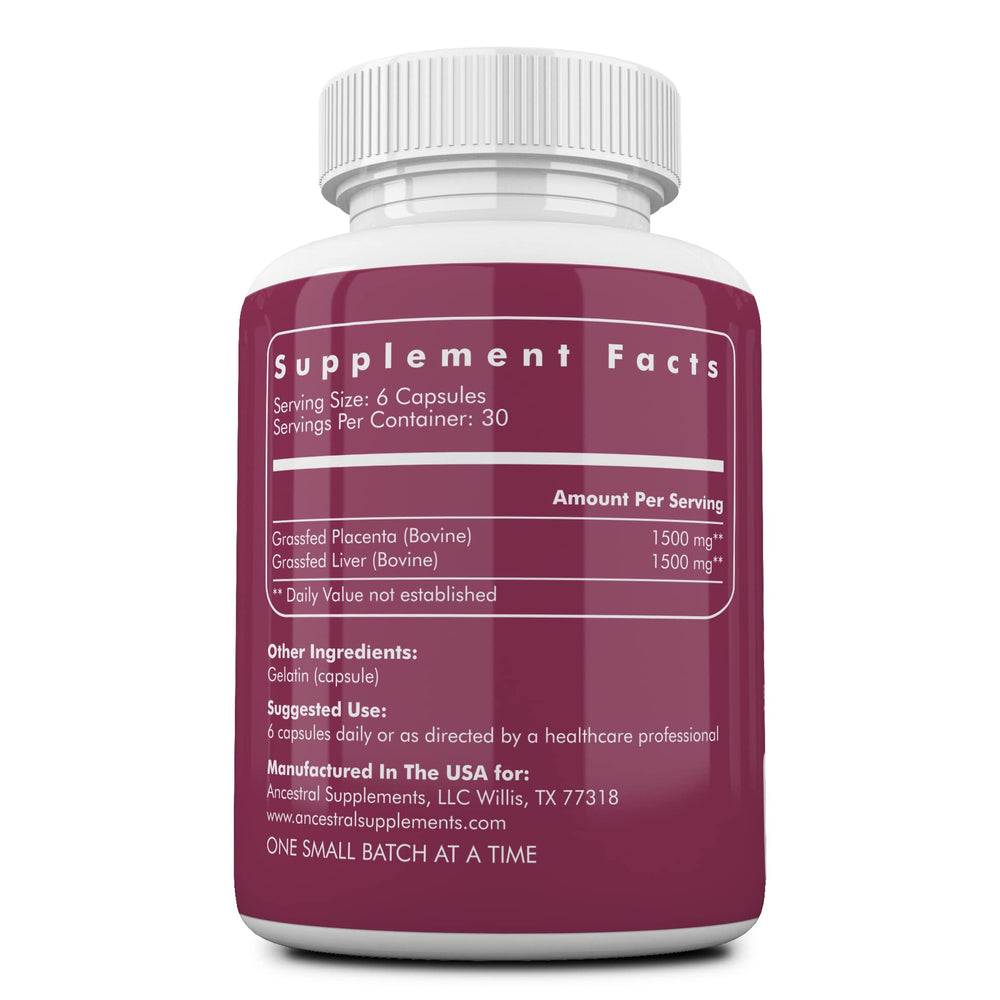 This image features Ancestral Supplements grass-fed placenta capsules in green packaging for menopause support.