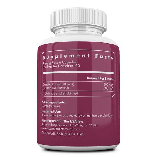 This image features Ancestral Supplements grass-fed placenta capsules in green packaging for menopause support.