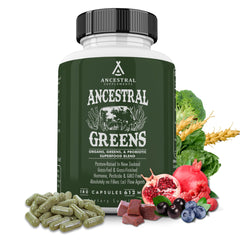 Ancestral Supplements Greens Powder Capsules bottle on shelf, convenient daily wellness support.