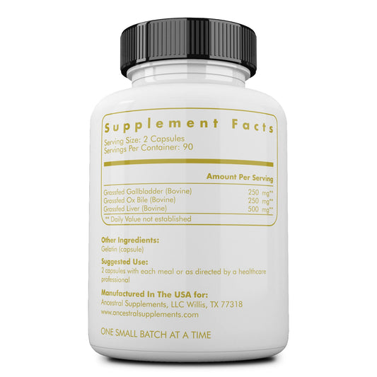 Ancestral Supplements liver and gallbladder capsule bottle demonstrates liver benefits for immune support and skin health.