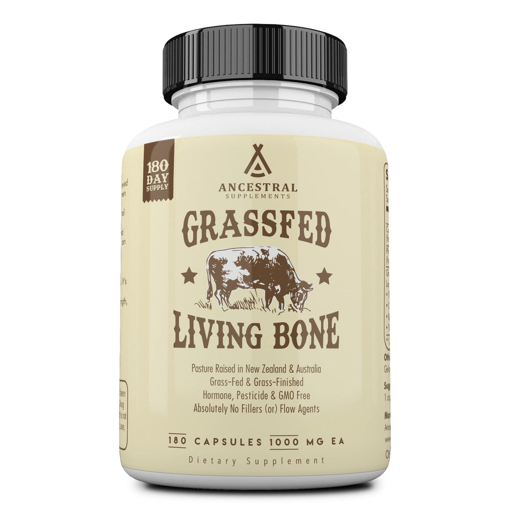Ancestral Supplements Living Bone bottle pour highlighting calcium-rich formula for bone support