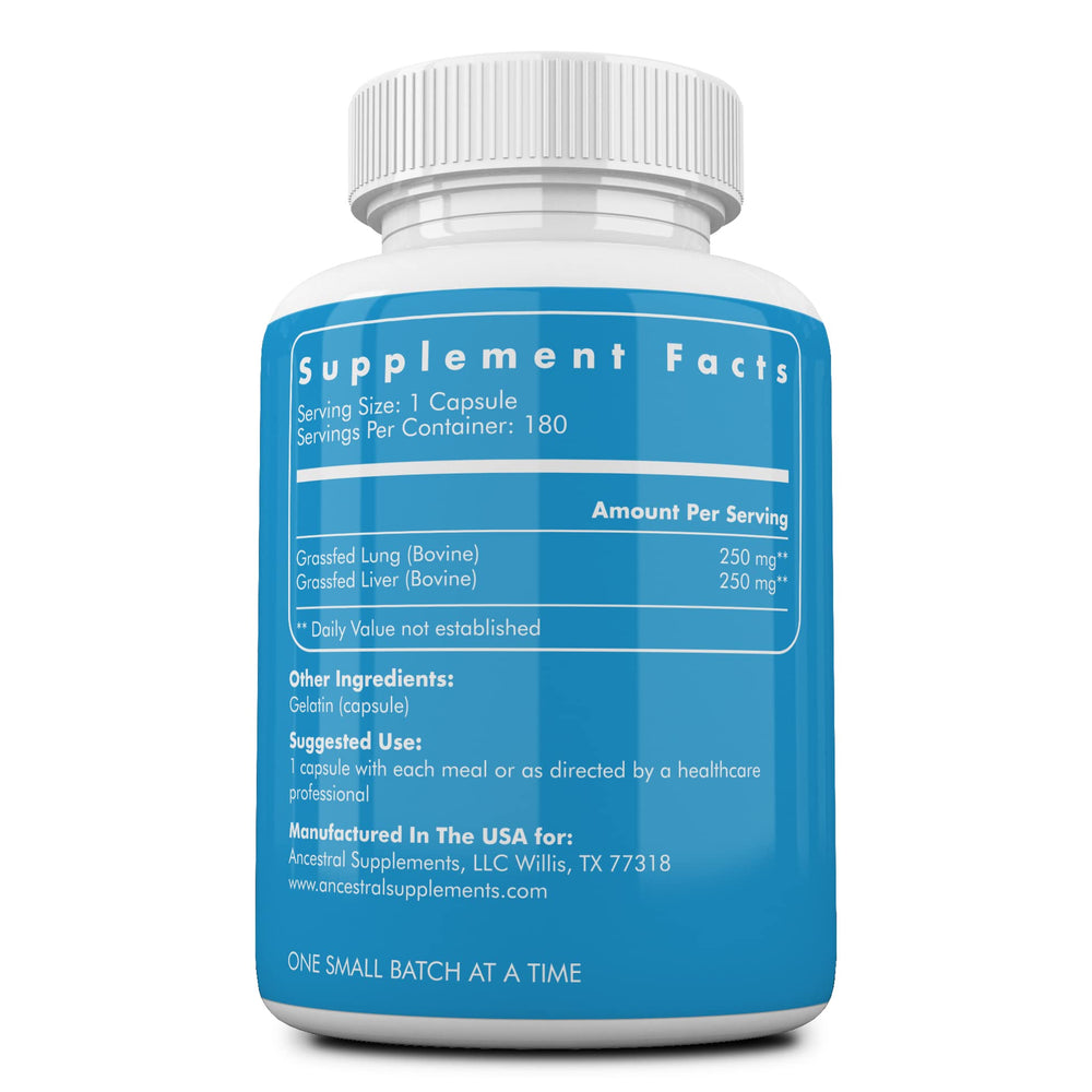 Ancestral Supplements capsules close-up showing beef lung and liver nutrients.