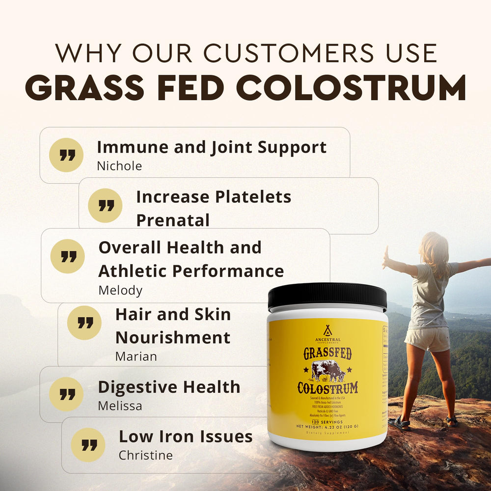 Ancestral Supplements Bovine Colostrum Powder—made in USA, small-batch purity.