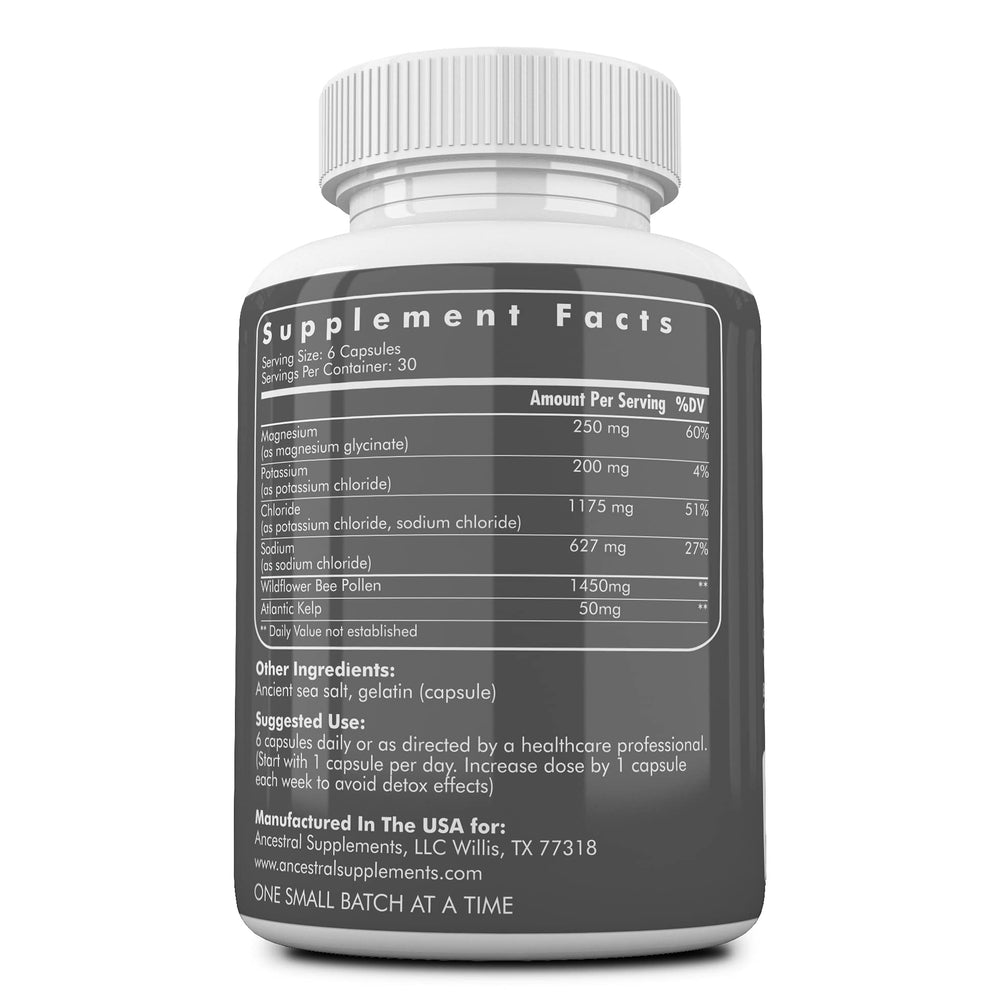 Ancestral Supplements Minerals & Electrolytes bottle side view highlights convenient capsule delivery for daily use.