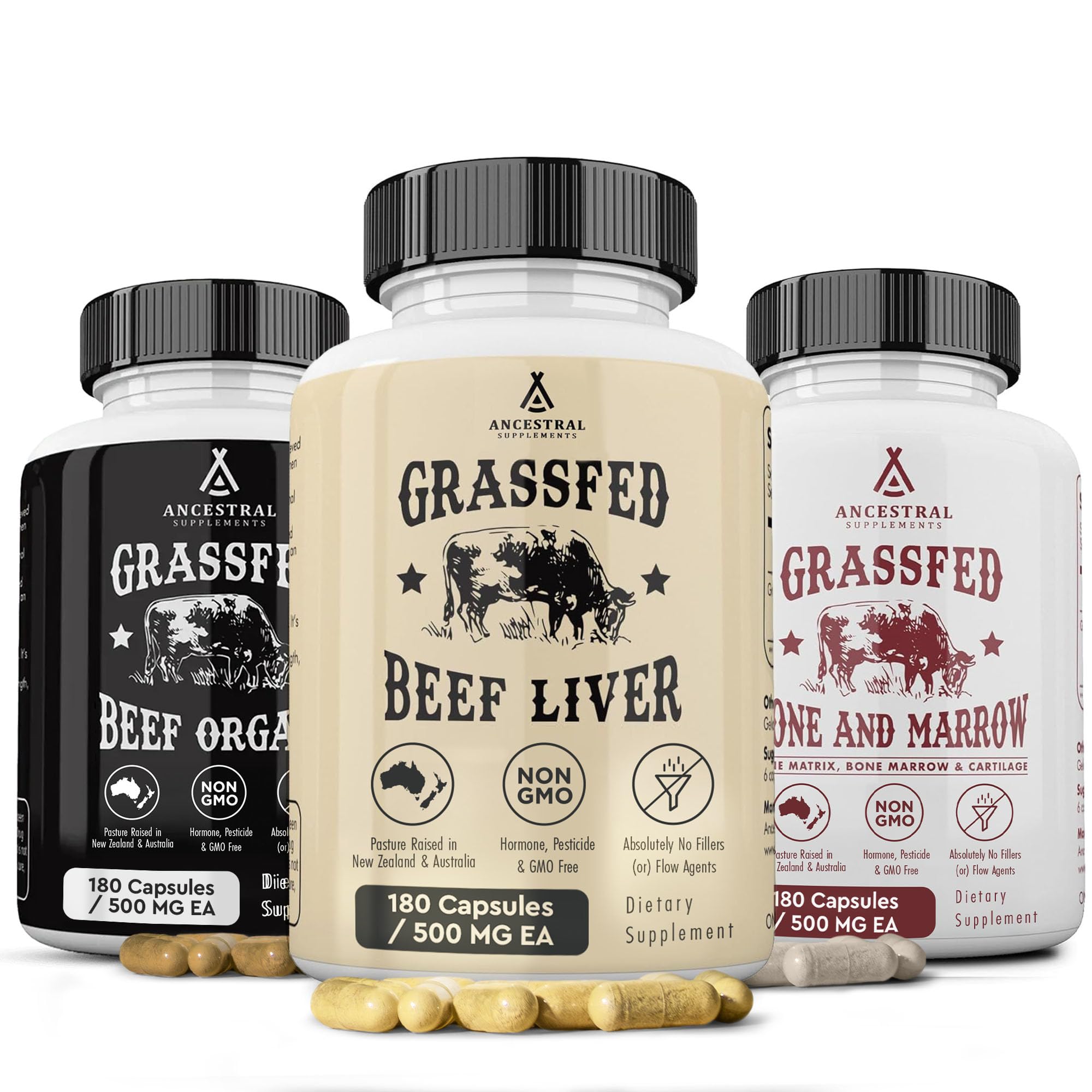 Ancestral Supplements Beef Organs Stack Pack bottle, convenient daily nutrient source.