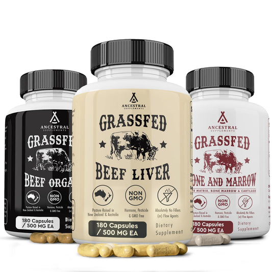 Ancestral Supplements Beef Organs Stack Pack bottle, convenient daily nutrient source.