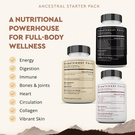 Ancestral Supplements Beef Organs Stack Pack capsules, easy on-the-go daily nutrition.