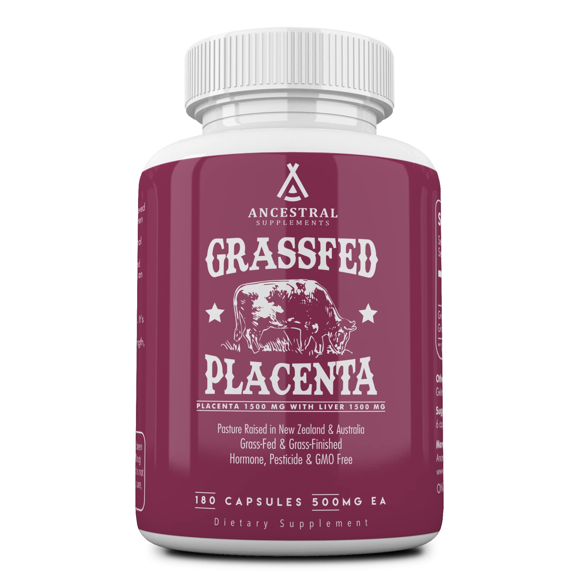This image shows Ancestral Supplements placenta-liver capsules bottle close-up for postpartum nourishment.