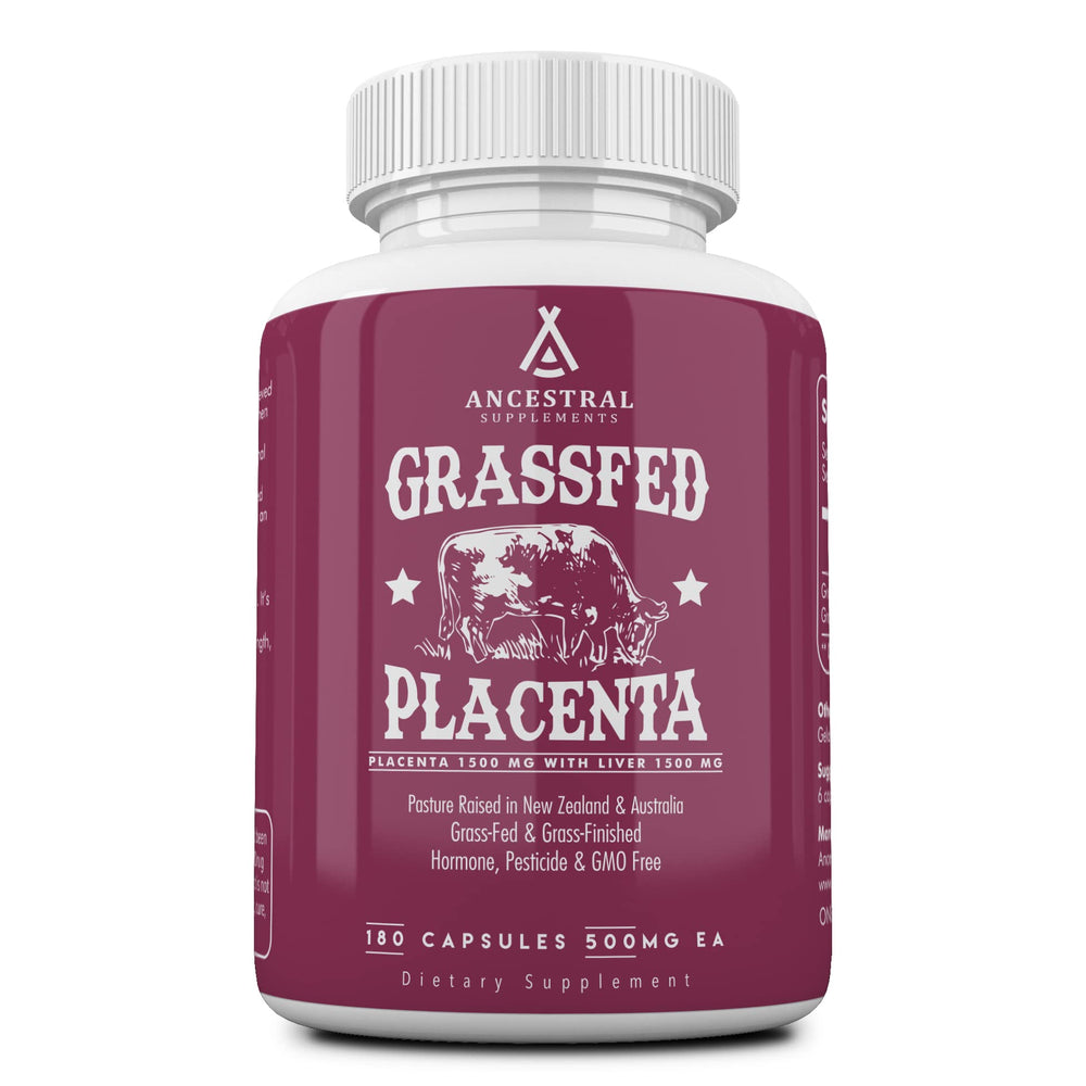 This image shows Ancestral Supplements placenta-liver capsules bottle close-up for postpartum nourishment.
