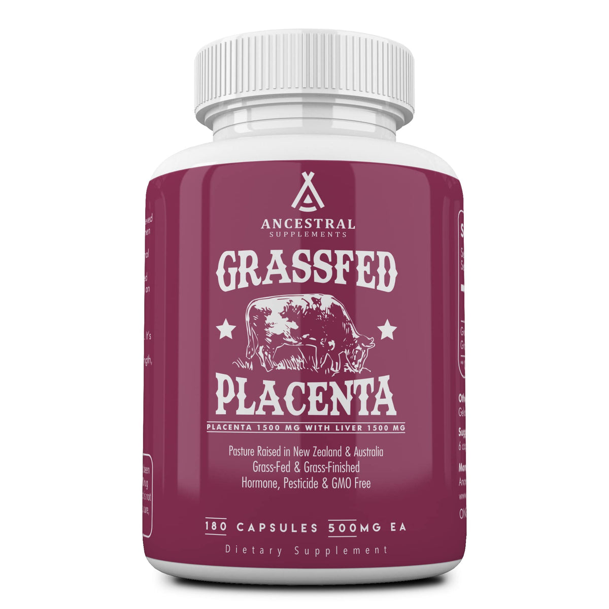 This image shows Ancestral Supplements placenta-liver capsules bottle close-up for postpartum nourishment.