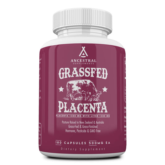 This image shows Ancestral Supplements placenta-liver capsules bottle close-up for postpartum nourishment.