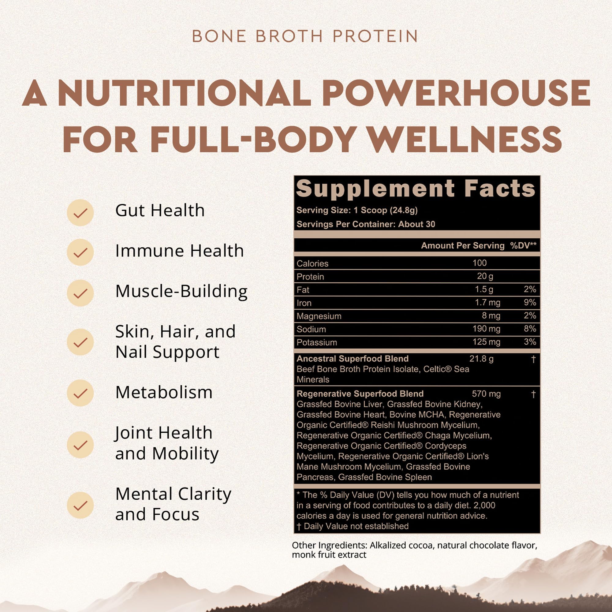 Ancestral Supplements scoop with powder makes 20g protein per serving easy.