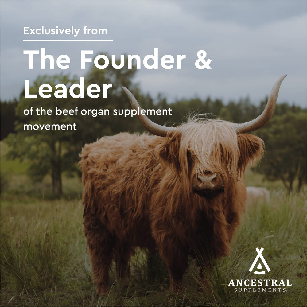 The label on Ancestral Supplements products shows purity and pasture-raised beef sources for quality.
