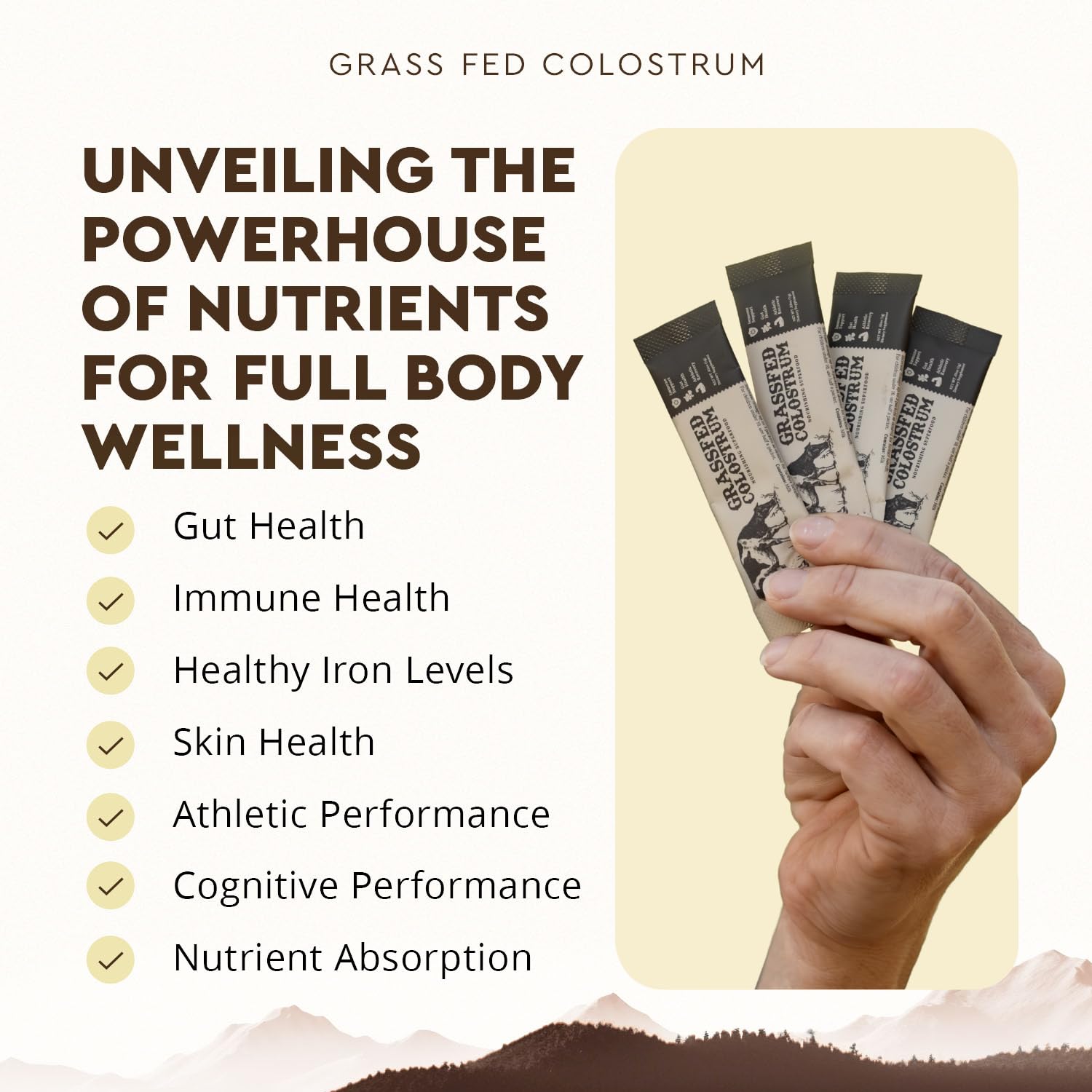 Ancestral Supplements unflavored colostrum packet ready to mix.