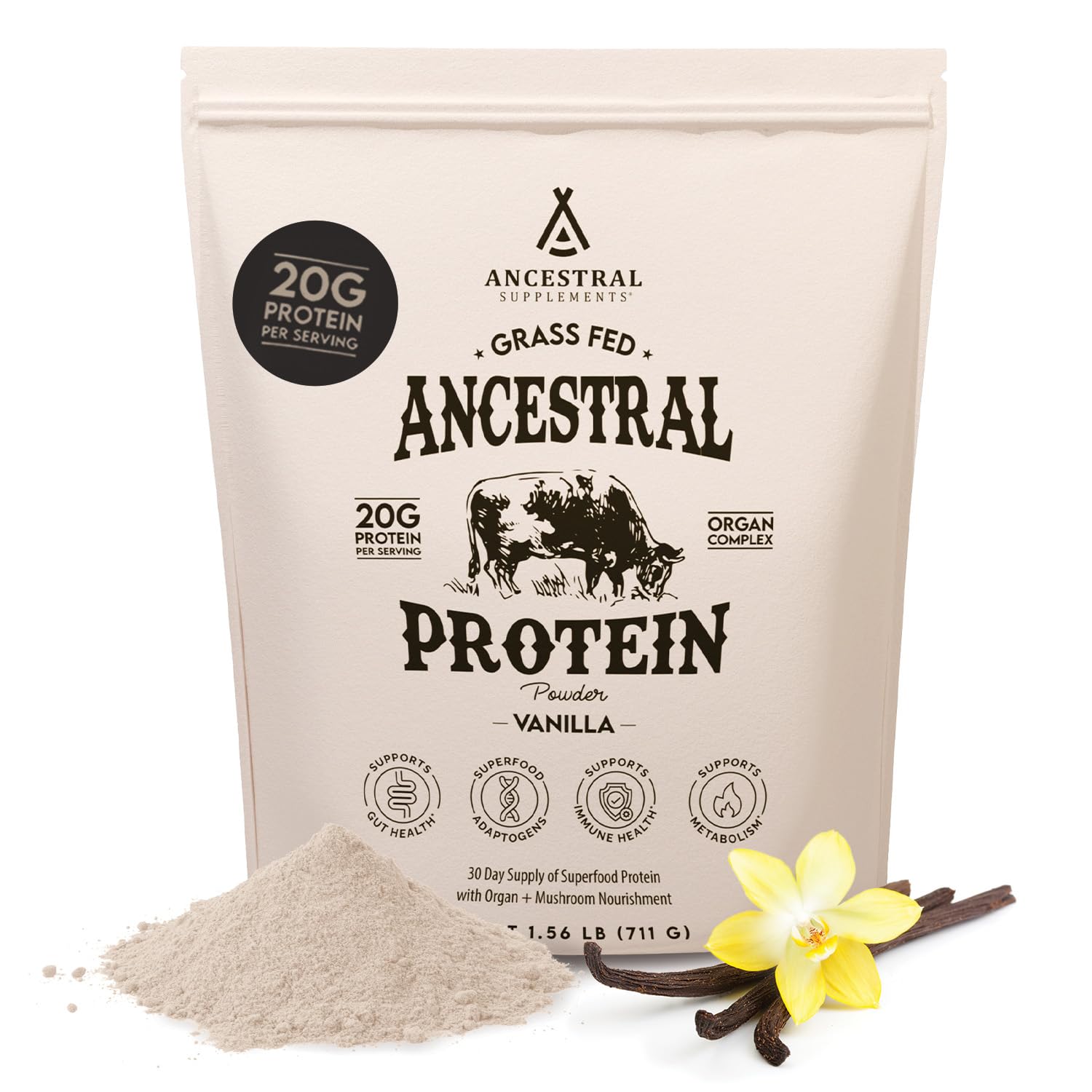 Ancestral Supplements vanilla protein powder bottle shows 20g protein per serving.