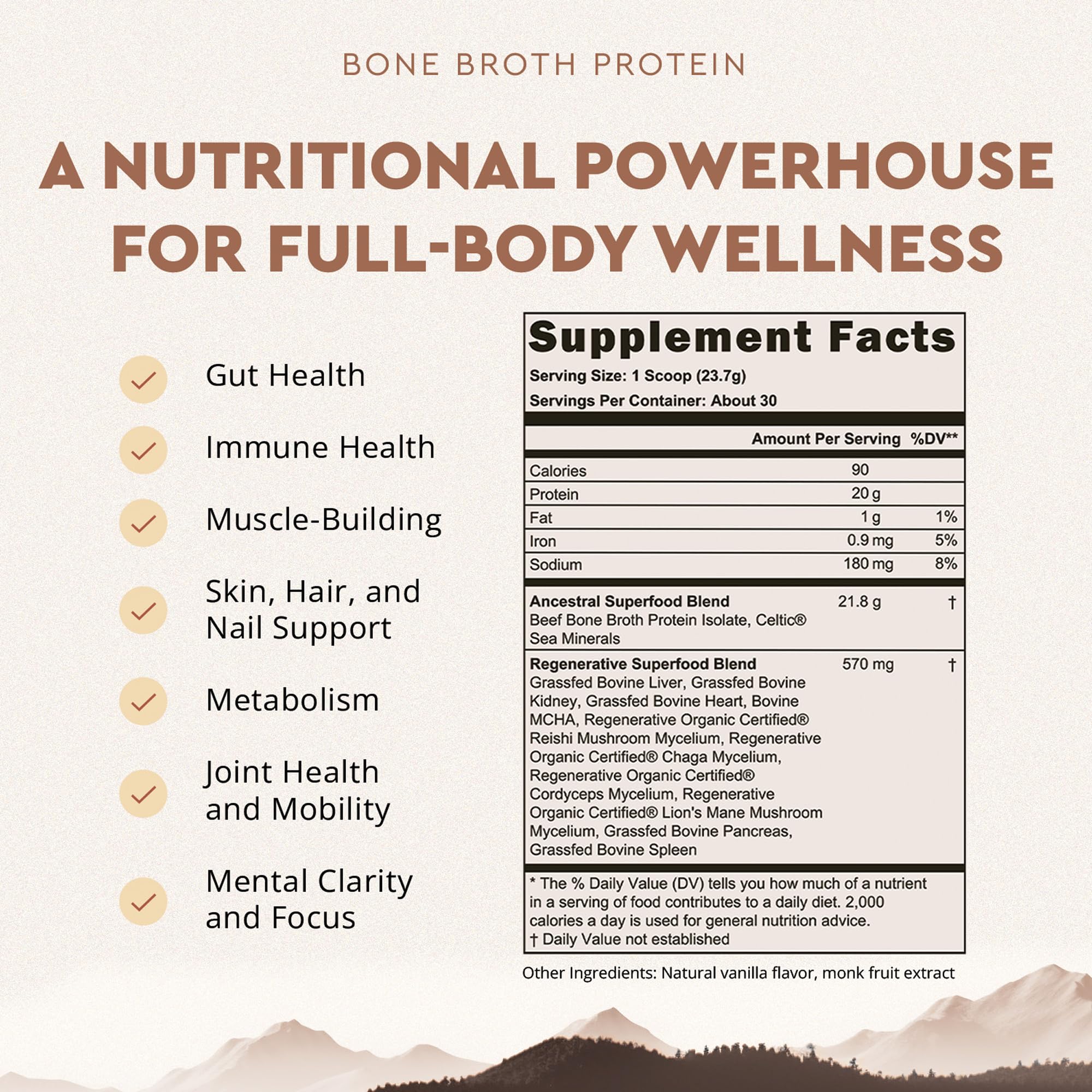 Scoop of Ancestral Supplements vanilla protein powder blends into a glass of water.