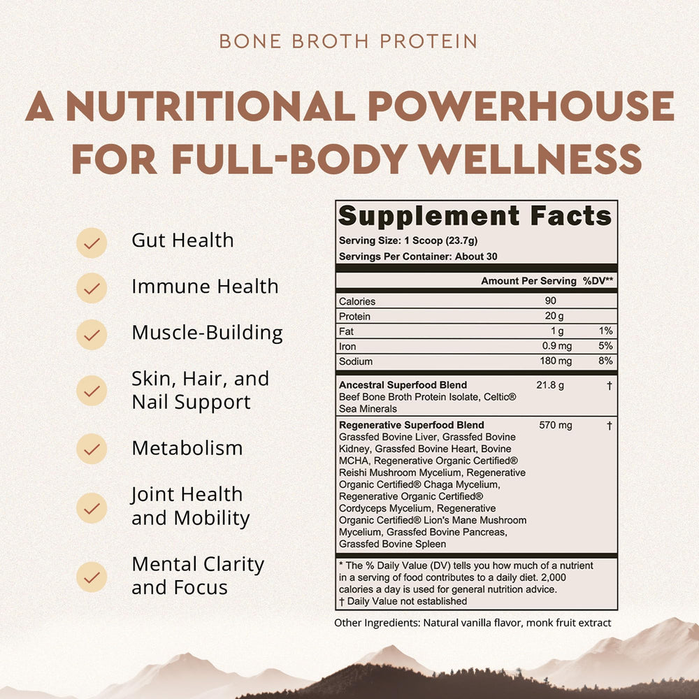 Scoop of Ancestral Supplements vanilla protein powder blends into a glass of water.
