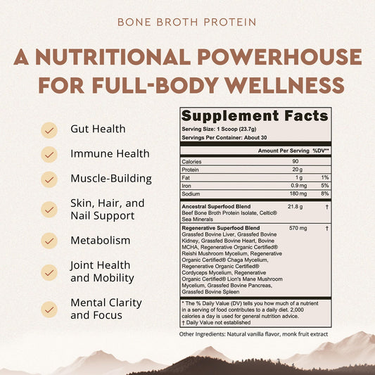 Scoop of Ancestral Supplements vanilla protein powder blends into a glass of water.