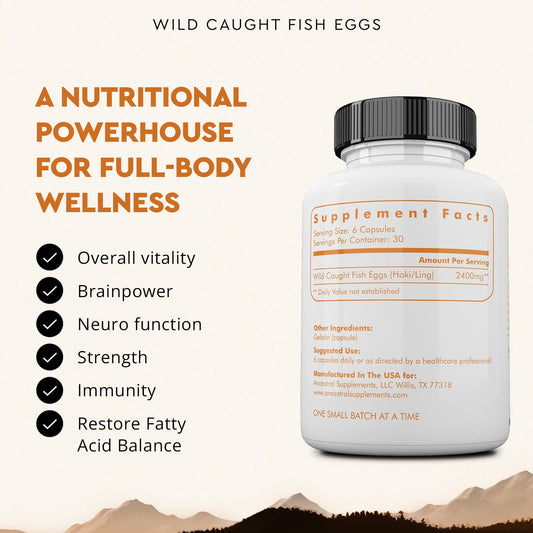 Ancestral Supplements Wild Caught Fish Eggs capsules closeup highlighting convenient omega-3 intake