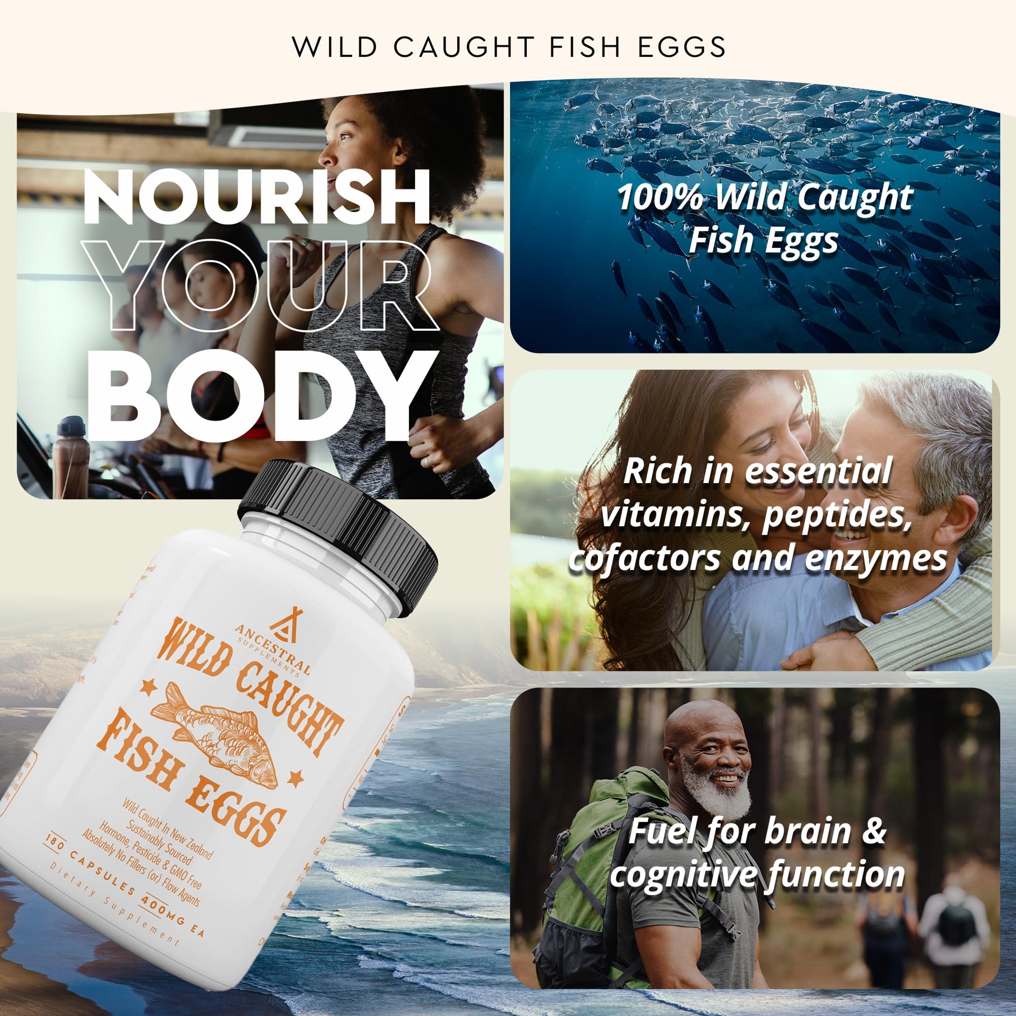 Ancestral Supplements Wild Caught Fish Eggs label emphasizes sustainability and non-GMO formulation