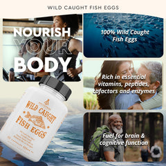 Ancestral Supplements Wild Caught Fish Eggs label emphasizes sustainability and non-GMO formulation