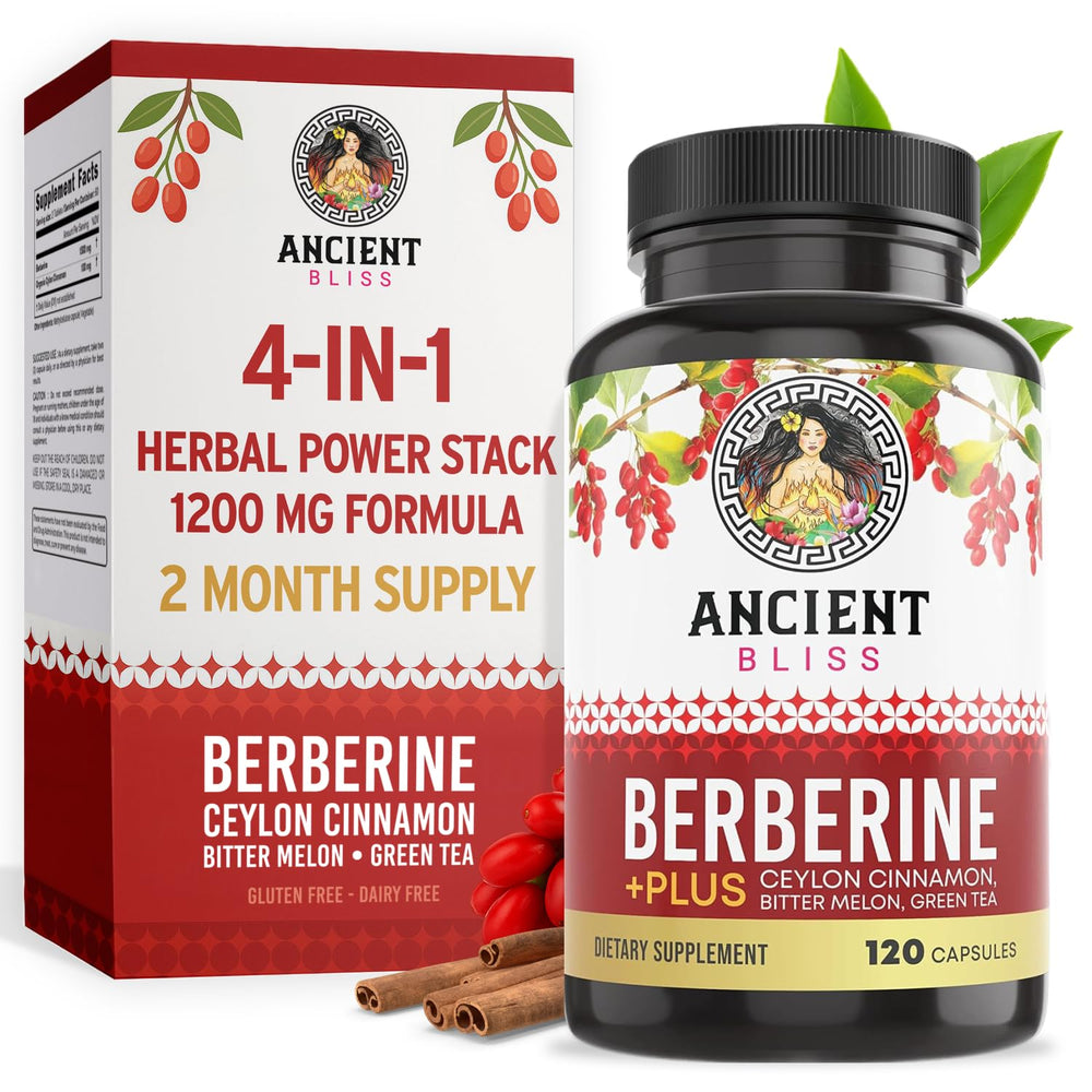 Ancient Bliss Berberine HCL 1200mg bottle front with clean ingredients for daily wellness.