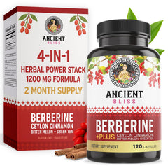 Ancient Bliss Berberine HCL 1200mg bottle front with clean ingredients for daily wellness.