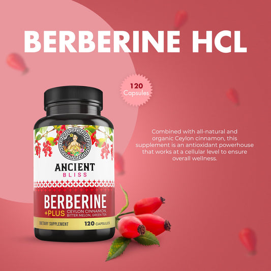 Ancient Bliss Berberine HCL 1200mg capsules closeup showing easy-to-swallow daily supplement.