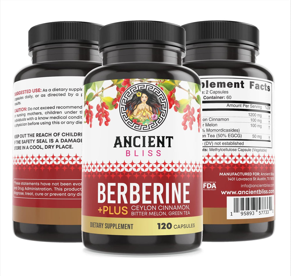 Ancient Bliss Berberine HCL 1200mg daily routine with capsules supporting balanced nutrition.