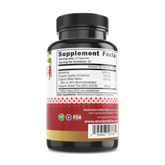 Ancient Bliss Berberine HCL 1200mg ingredients closeup highlighting berberine and cinnamon for informed selection.