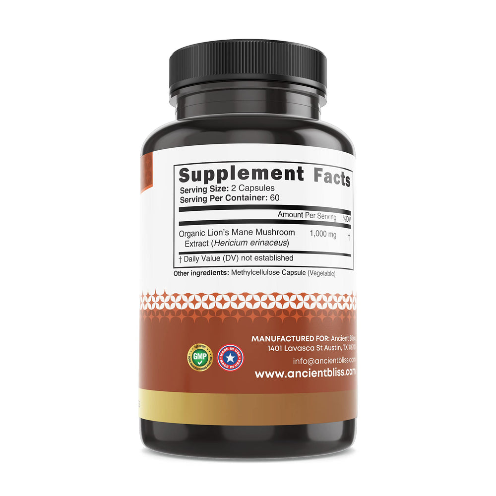 Close-up of Ancient Bliss Lion's Mane capsules for convenient daily focus