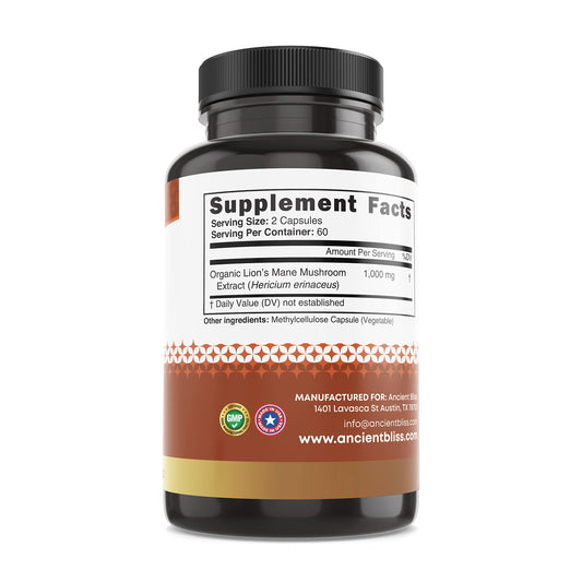 Close-up of Ancient Bliss Lion's Mane capsules for convenient daily focus