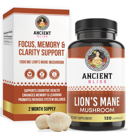 Ancient Bliss Lion's Mane bottle on a clean desk, hinting at daily cognitive support