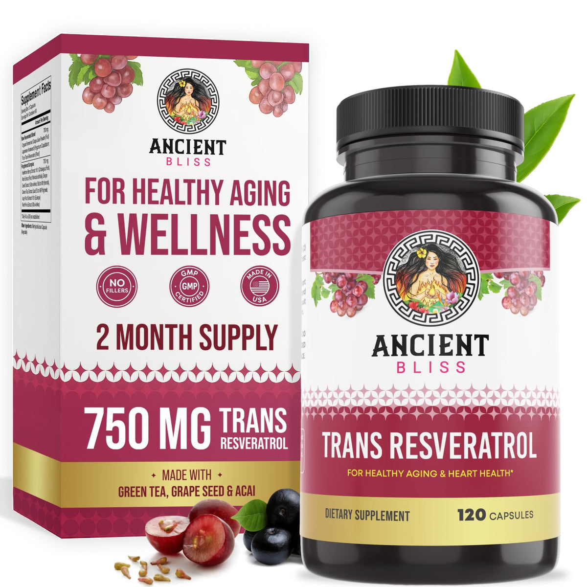 Ancient Bliss Resveratrol bottle front view for daily antioxidant support