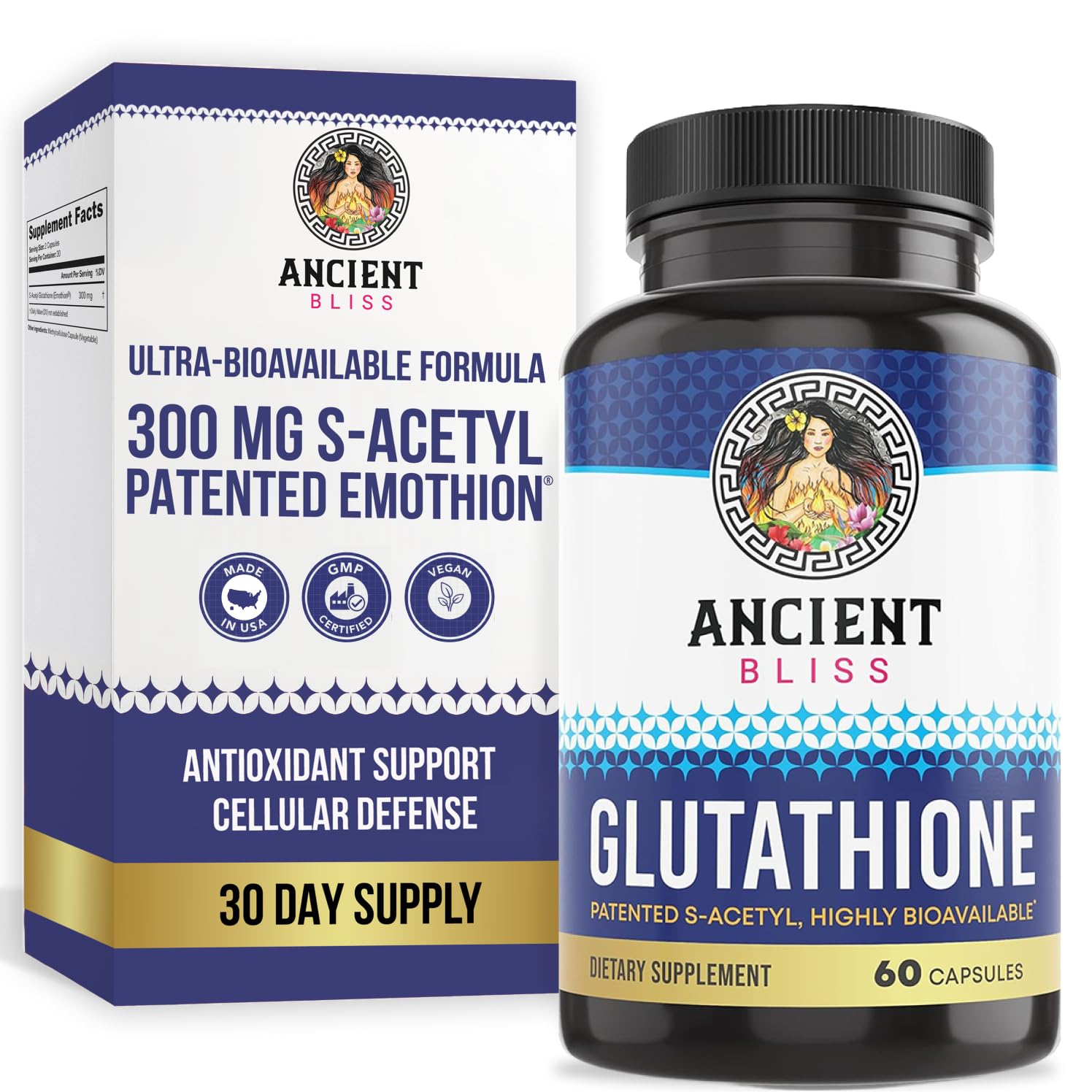 Ancient Bliss S-Acetyl Glutathione bottle for daily wellness and antioxidant support.
