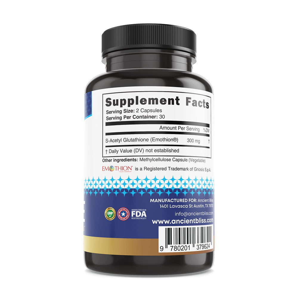 Ancient Bliss S-Acetyl Glutathione capsules close-up offering easy daily intake.
