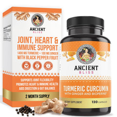 Ancient Bliss Turmeric Curcumin with Ginger Bioperine capsules on bottle label for daily wellness.
