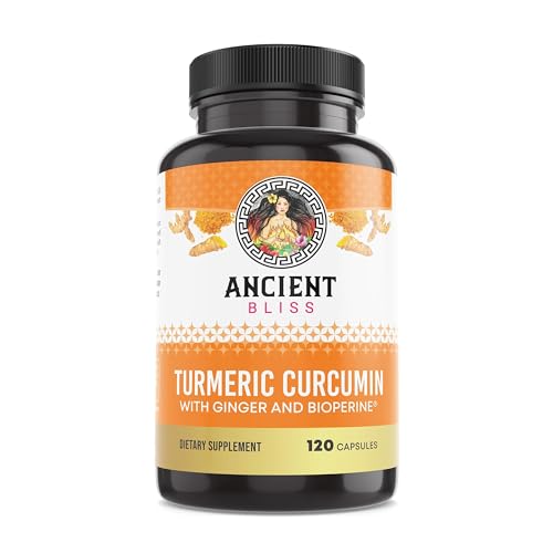 Close-up of Ancient Bliss bottle with capsules and ginger artwork emphasizing high-potency turmeric.