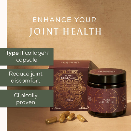 Ancient + Brave Noble Collagen capsules closeup shows vegan capsules.